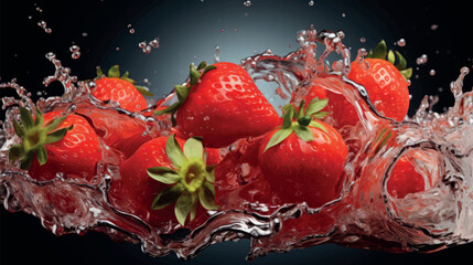 Wall Mural - Juicy ripe strawberries, ripe strawberries. Splash of strawberry drink. Strawberry jam, cocktail, juice.
Juicy strawberries in water splash. Juicy berries and fruits. Water drops. Generative ai.