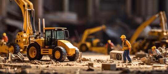 Bulldozer and excavator at construction site with workers background. Generative AI