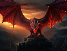 Red Dragon Sitting On Top Of A Mountain With Wings Spread Wide, Showcasing Its Impressive Size And Strength.