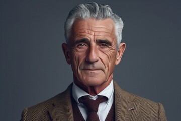 Gray-haired retired elderly man businessperson in suit on gray background, headshot. Generative AI