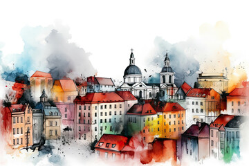 View of the old town painted in watercolor