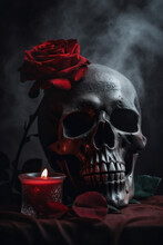 Skull With A Red Rose And Lit Candle.