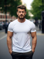 Male model in a classic white cotton T-shirt on a city street Generative ai