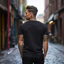 Male Model In A Classic Black Cotton T-shirt On A City Street Back View 