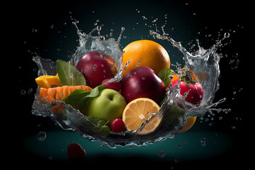 Wall Mural - colorful fruit splashed in the water on black background