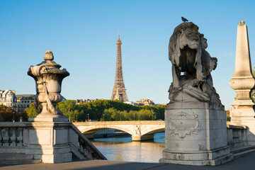 Sticker - View of Eiffel Tower from Pont Alexandre III bridge in morning sunlight.  Eiffel Tower is one of the most iconic landmarks of Paris