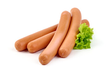 Wall Mural - Fresh pork Boiled sausages with lettuce, isolated on white background.