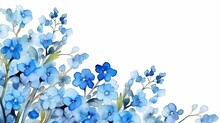 Blue Forget Me Not Flowers Watercolor Background. Forget-me-nots. Summer Flowers Scorpion Grass, Myosotis. AI Illustration. For Packaging, Textile, Web Pages, Wedding Invitations, Greeting Cards..
