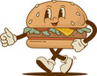 Retro cartoon funny burger characters, mascot. Vintage fast food hamburger vector illustration. Nostalgia