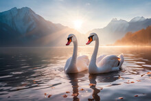 Two Beautiful White Swans Swim On A Mountain Lake On A Foggy Morning At Dawn.