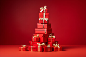 Sticker - A pile of red wrapped presents in the shape of a Christmas tree