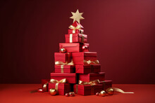 A Pile Of Red Wrapped Presents In The Shape Of A Christmas Tree