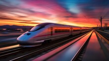 High-speed Train On The Railway At Sunset. . Concept Of Speed And Motion. Created By Generative AI