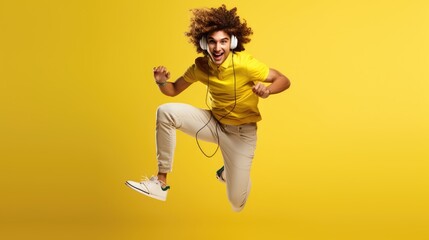 colorful hair young funny man wearing wireless blue headphones and colorful shirt and jummping on yellow background, Generative AI