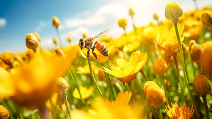 insect bee collects nectar from a yellow flower in a meadow, made with Generative AI