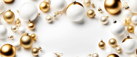 Winter holiday wallpaper. Festive white and gold Christmas ornaments and baubles. Empty glass snow ball isolated