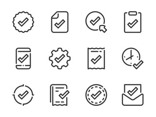 Poster - Checkmark and Acceptance vector line icons. Check, Tick and Approve outline icon set. Badge, Document, Configurations, Smartphone, Receipt, Mail, Clipboard and more.