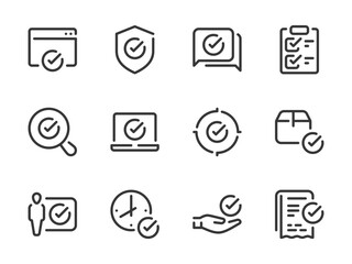 Poster - Checkmark and Acceptance vector line icons. Check, Tick and Approve outline icon set. Website, Search, Protection, Target, Plan, Communication, Delivery Box and more.