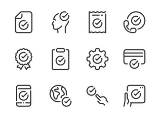 Poster - Checkmark and Acceptance vector line icons. Check, Tick and Approve outline icon set. Document, Receipt, Award Ribbon, Credit Card, Plan, Smartphone and more.