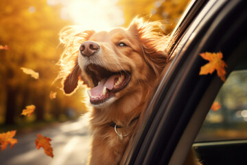 the happy dog is leaning out the car window. its fur flutter in the wind together with orange fall l