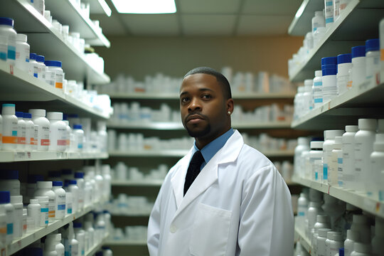 Afro American Man Pharmacist at the Hospital Pharmacy: AI Generated