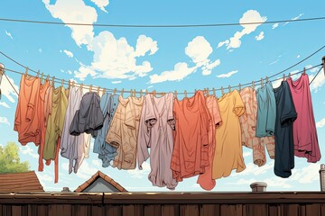 Wall Mural - Colorful Illustration of woman clothes are dried on the clothesline. Sky with clouds background. Generative Ai.