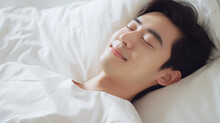 Asian Man 20 Yo In A White Clothes Laying Down On White Bed With White Blanket, Happily Sleeping