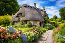 Traditional English Thatched Cottage, Reflecting The Quintessential Charm Of The British Countryside