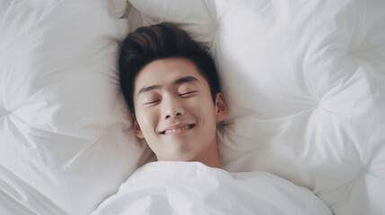 Sticker - Asian man 20 yo in a white clothes laying down on white bed with white blanket, happily sleeping