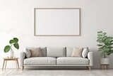 Fototapeta  - Blank horizontal poster frame mock up in minimal white style living room interior, modern living room and plants interior background.