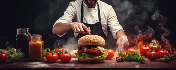 Wall Mural - Chef prepare finest hamburger. wide banner