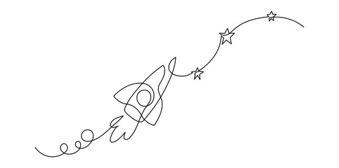 Rocket ship with stars. Continuous line drawing. 