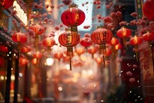Chinese Lunar New Year Celebration. China Town Defocused Background, Mid Autumn Festival With Colorful Lights