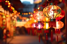 Chinese Lunar New Year Celebration. China Town Defocused Background, Mid Autumn Festival With Colorful Lights