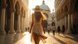 Leinwandbild Motiv Female casual solo traveller roam alone womna summer casual dress summertime tour walking at famous destination landmark In Europe architecture and heritage city scape vacation travel,ai generate