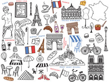 フランス、パリの線画イラスト(手描き、アート、凱旋門、エッフェル塔、ファッション、クロワッサン) A Line Drawing Illustration Of Paris, France.Hand-drawn, Art, Triumphal Arch, Eiffel Tower, Fashion And Croissant.