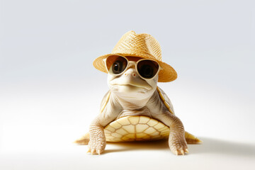 Wall Mural - Small turtle wearing straw hat and sunglasses on it's back.