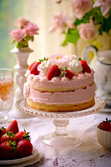 Canvas Print - Cake with strawberries on top of it on cake platter.