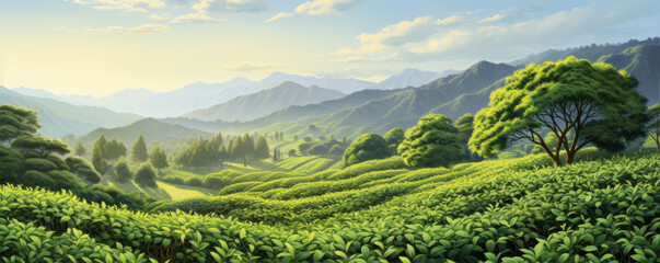 Green field of tea at sunny day,