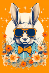 Poster - Rabbit wearing sunglasses and bow tie with flowers in front of full moon.