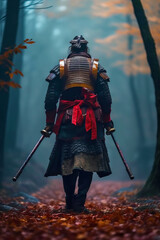 Wall Mural - The back of man in armor walking through forest with two swords.