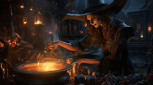 Photo Of A Wicked Witch Cackles As She Stirs Her Cauldron, Brewing A Potion Of Mischief And Magic,halloween