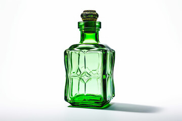 Wall Mural - Green glass bottle sitting on top of white counter top next to white wall.