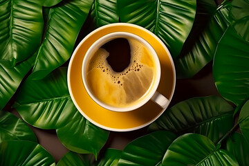 Sticker - Cup of coffee sitting on top of yellow saucer surrounded by green leaves.