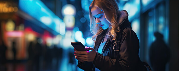 Woman using smartphone walking in dark or night city.