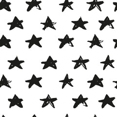 Wall Mural - Monochrome grunge stars seamless pattern isolated on white background. Hand drawn paint brush backdrop. Black ink stains star wallpaper.