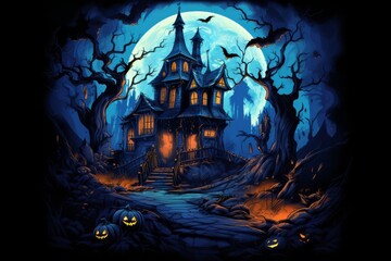 graphic t-shirt design style halloween haunted house. pumpkin heads. blue background. 