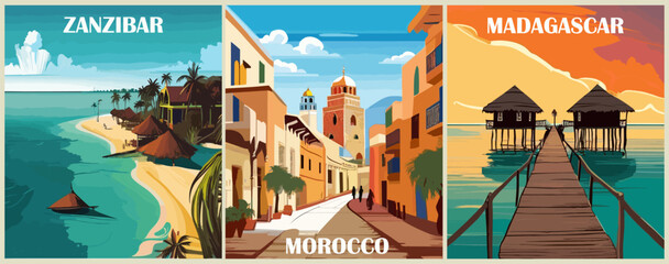 Set of Travel Destination Posters in retro style. Morocco, Madagascar, Zanzibar Africa prints. Exotic summer vacation, tropical holidays concept. Vintage vector colorful illustrations.