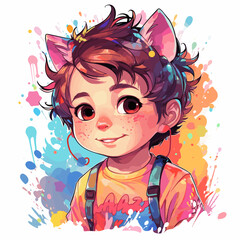 Sticker - Drawing of young boy with cat's head on top of his head.