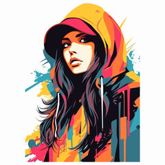 Canvas Print - Woman with hoodie on and colorful paint splattered background.